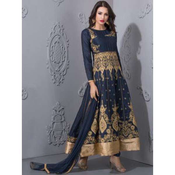 NAVY BLUE WITH GOLD EMBROIDERY ANARKALI WEDDING STYLE SUIT