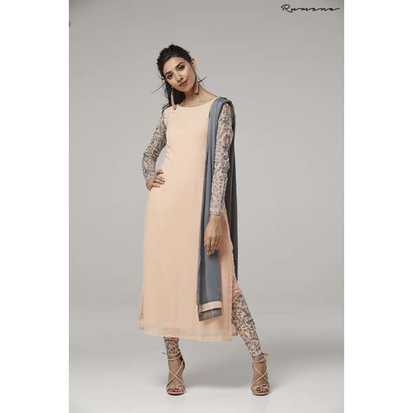 Pretty Peach Dress Embroidered Sleeves Stylish Churidar Suit 