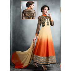 Beige and Orange Georgette Embroidered Slit Style Anarkali Suit
