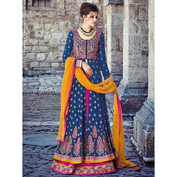 Blue & Pink Indian Designer Anarkali Maxi Gown
