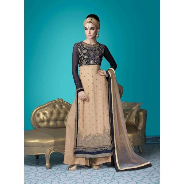 Beige & Blue Embroidered Palazzo Suit
