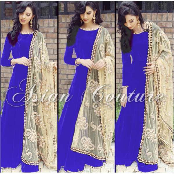 Blue Maxi Gown Designer Anarkali Suit With Heavy Scarf 