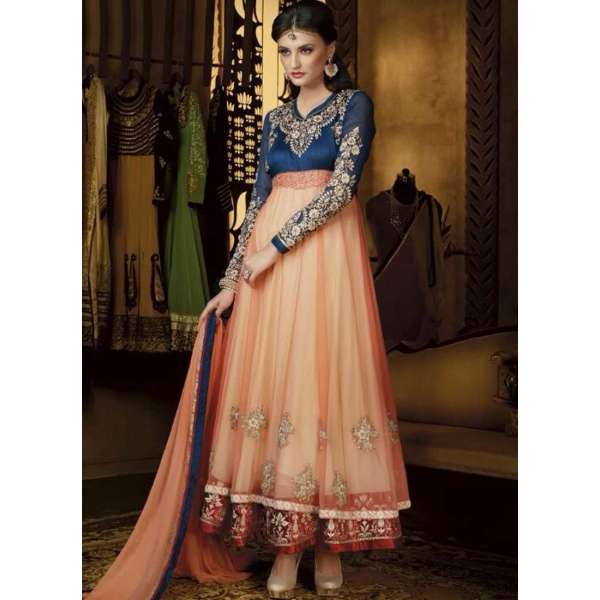 Mehak Blue and Orange Net Long Length Designer Dress