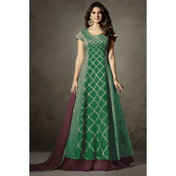 GREEN AND WINE INDIAN EMBELLISHED ANARKALI DRESS