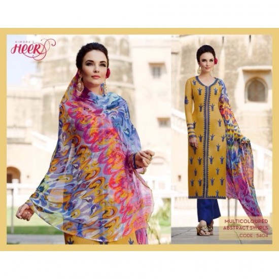Yellow & Blue Cotton Contrast Semi Stitched Indian Printed Suit