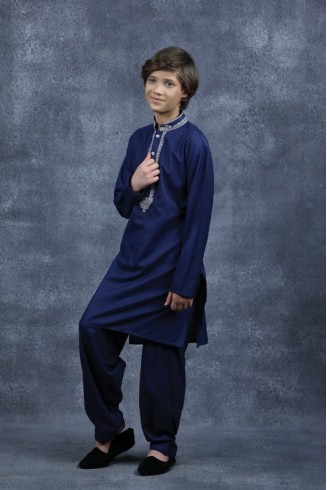 Navy Blue Designer Embroidered Shalwar Kurta for Kids