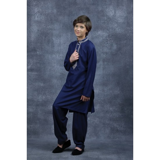 Navy Blue Designer Embroidered Shalwar Kurta for Kids