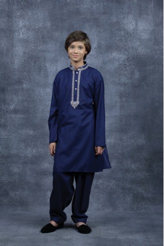 Navy Blue Designer Embroidered Shalwar Kurta for Kids