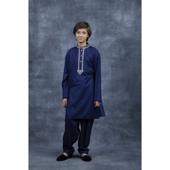 Navy Blue Designer Embroidered Shalwar Kurta for Kids