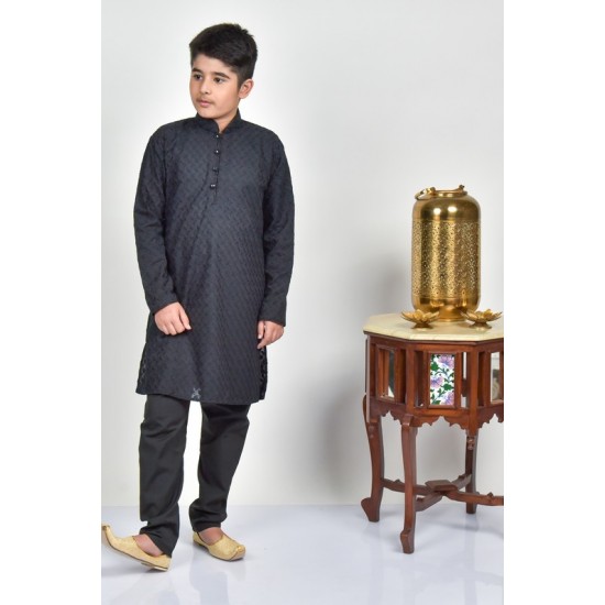 Black Jacquard Pakistani Boys Kurta Pajama