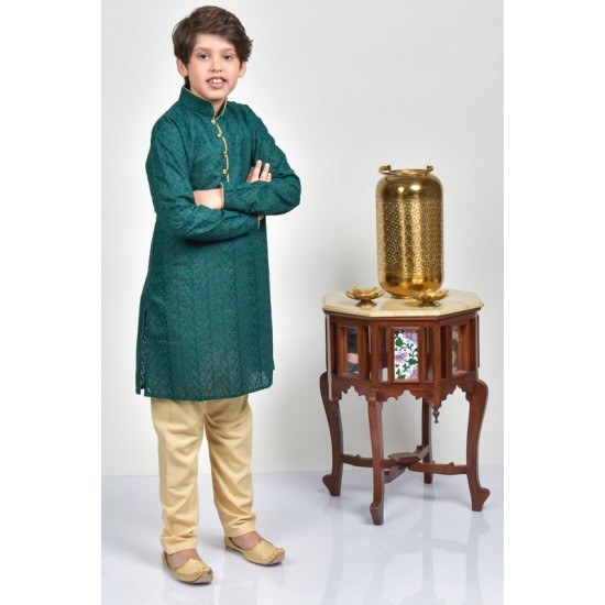 Teal Green & Beige Jacquard Kurta Payjama for Boys