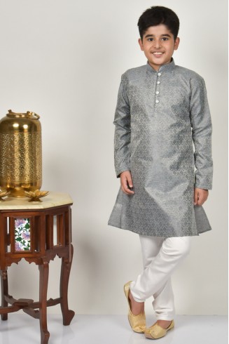 Grey Embroidered Designer Party Wear Boys Kurta Pajama