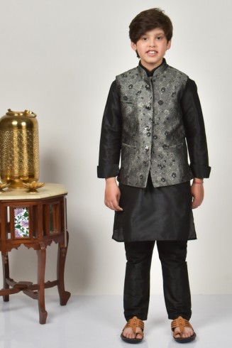 Black Kurta Pajama With Matching Grey Waistcoat