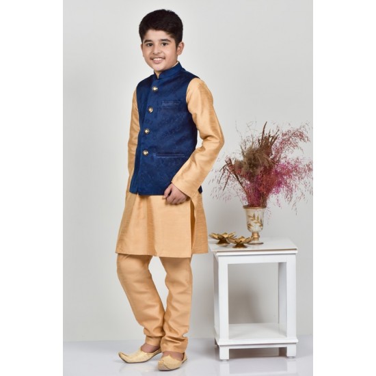 Navy Blue Indian Boys Jamawar Waistcoat