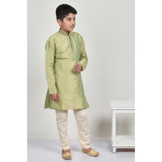Pista Green Embroidered Wedding Kids Kurta Pajama