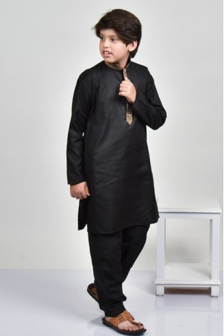 Jet Black Indian Boys Embroidered Kurta Suit