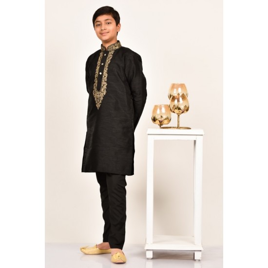 Black Gold Embroidered Boys Festive Kurta Pajama