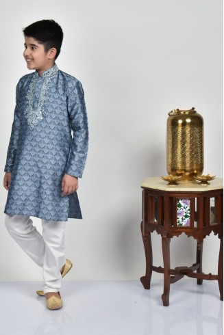 Grey Indian Pakistani Boys Embroidered Kurta Pajama