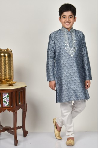 Grey Indian Pakistani Boys Embroidered Kurta Pajama