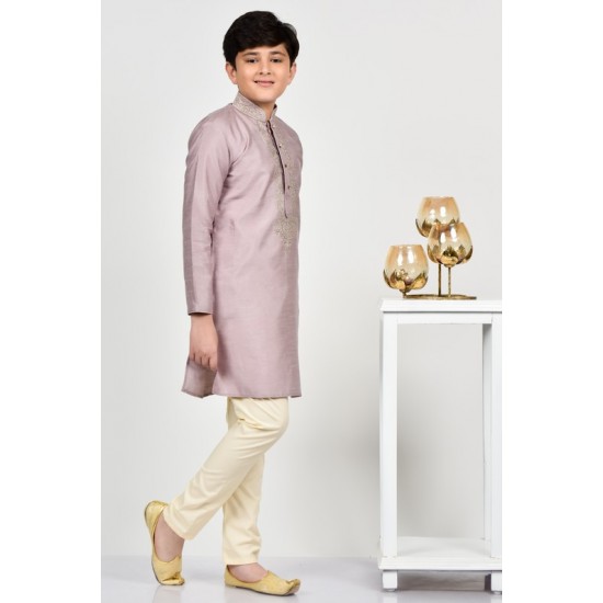 Mauve Desi Boys Embroidered Kurta Pajama Set