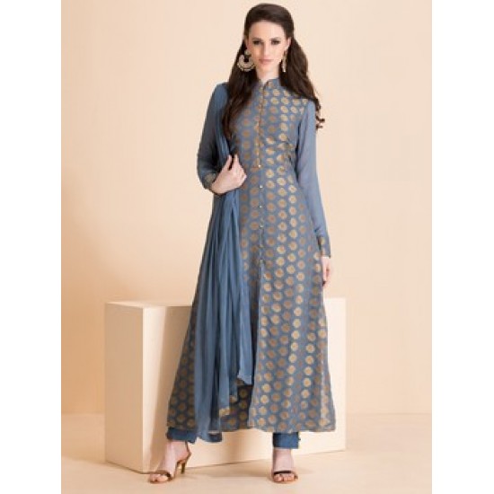 FADED DENIM BLUE/GREY AND GOLD READY MADE DRESS WITH CAPRI TROUSERS (XXS Size Only)