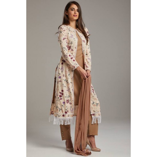 Brown Printed Readymade Jacket Suit