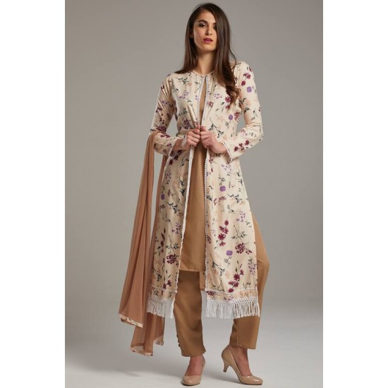 Brown Printed Readymade Jacket Suit