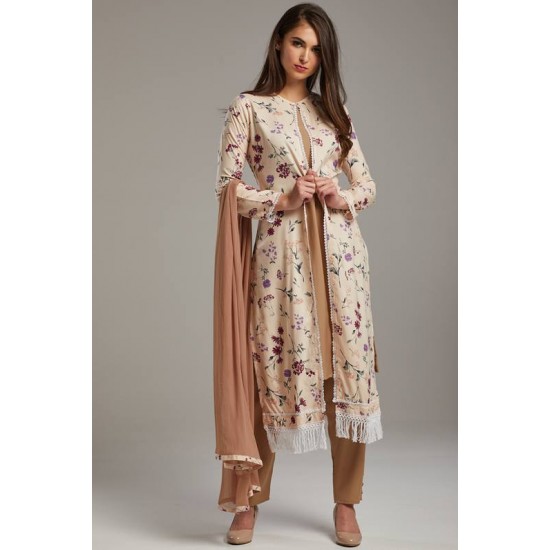 Brown Printed Readymade Jacket Suit