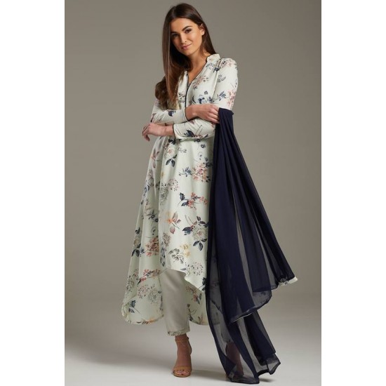 White C Cut Kurta Floral Printed Designer Suit