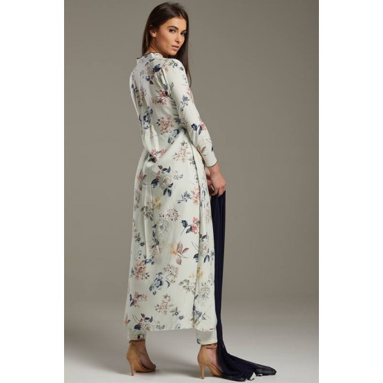 White C Cut Kurta Floral Printed Designer Suit