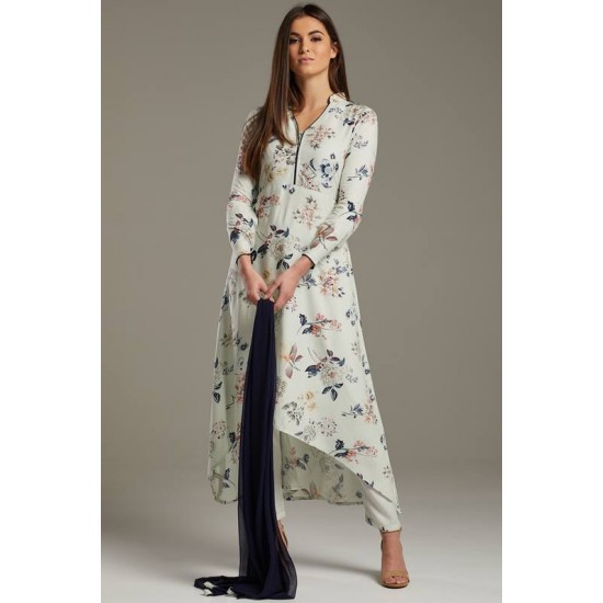 White C Cut Kurta Floral Printed Designer Suit