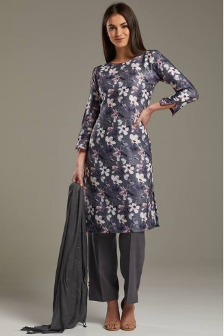 Grey Floral Printed Designer Salwar Kameez