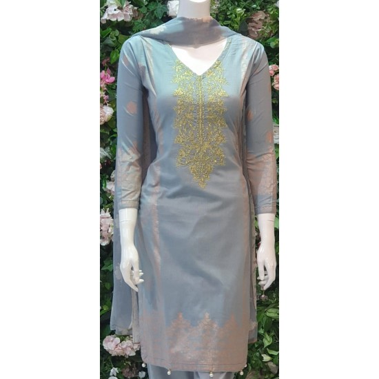 LIME GREY PRINTED COTTON LAWN SALWAR SUIT