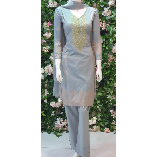 LIME GREY PRINTED COTTON LAWN SALWAR SUIT