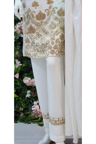 WHITE & GOLD DESIGNER READY TO WEAR LINEN SALWAR SUIT