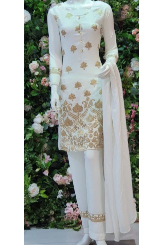 WHITE & GOLD DESIGNER READY TO WEAR LINEN SALWAR SUIT