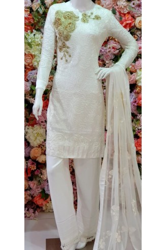 White Chiffon Pakistani Party Readymade Suit