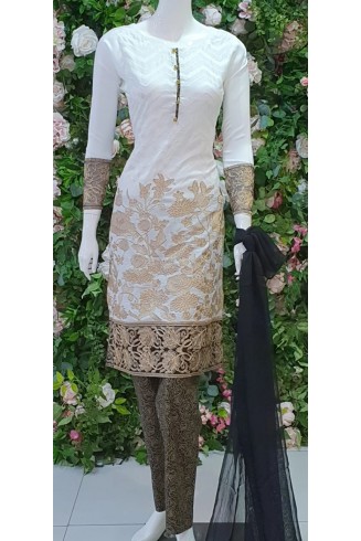 WHITE ETHNIC STYLE LINEN READYMADE SUIT (medium)