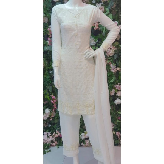 MAGNIFICENT WHITE LINEN READYMADE PAKISTANI SALWAR SUIT