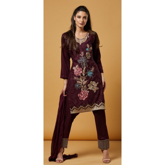 Plum Embroidered Readymade Linen Salwar Suit