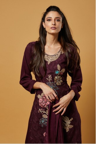 Plum Embroidered Readymade Linen Salwar Suit