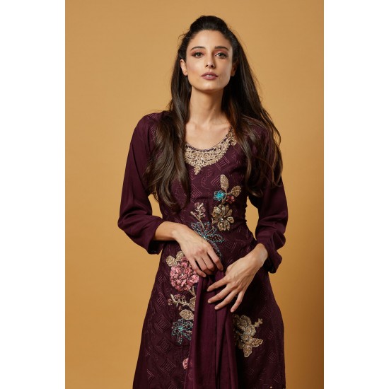 Plum Embroidered Readymade Linen Salwar Suit