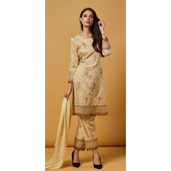 Beige Floral Embroidered Ready To Wear Salwar Kameez