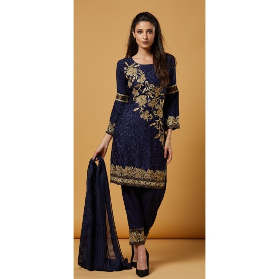 Blue Embroidered Readymade Linen Salwar Suit