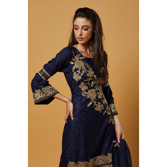 Blue Embroidered Readymade Linen Salwar Suit
