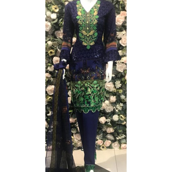 Navy Blue Printed & Embroidered Linen Winter Salwar Kameez