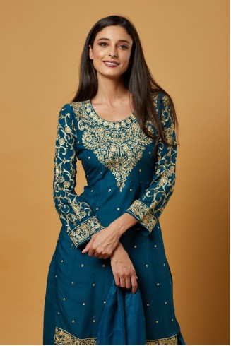 Turquoise Classic Embroidered Readymade Linen Salwar Suit