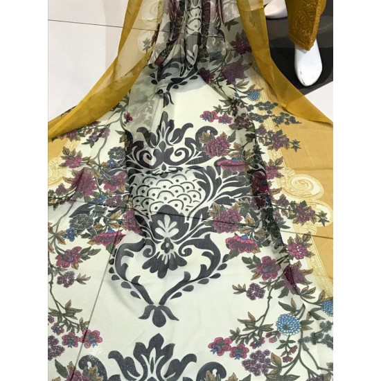 Mustard Printed & Embroidered Linen Readymade Suit