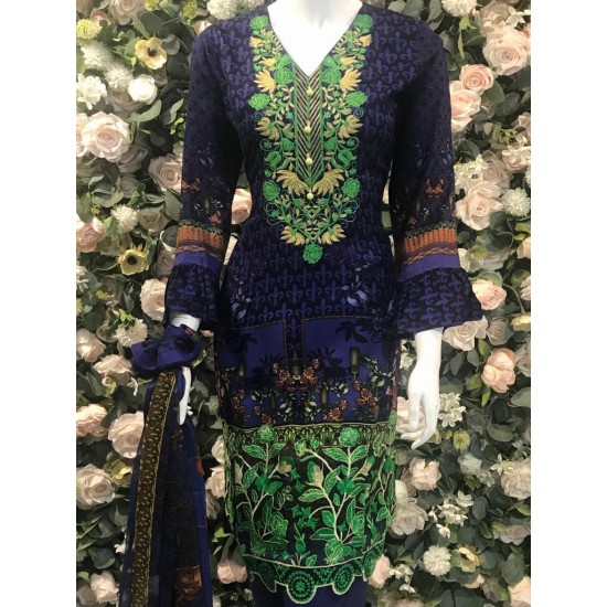 Navy Blue Printed & Embroidered Linen Winter Salwar Kameez
