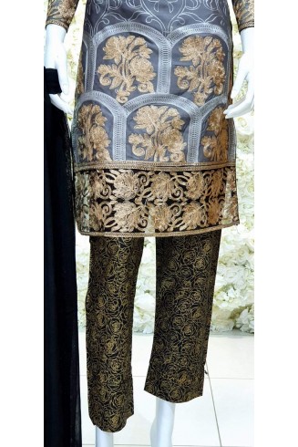 Grey Linen Resham Embroidered Readymade Salwar Suit